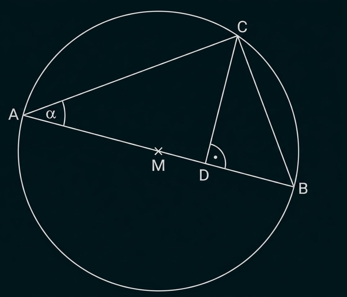 Geometrische Zeichnung eines Kreises mit Punkten A, B, C, D und M sowie eingezeichneten Strecken und Winkeln.